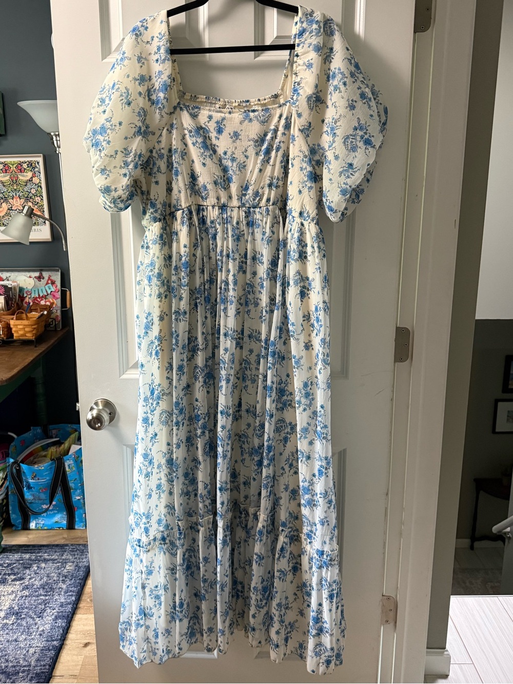 ARULA White Maxi Dress with Blue Floral Print